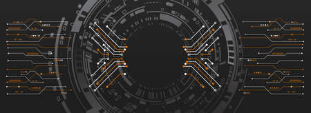 Futuristic composition of high-tech elements on a blue background. Computer technologies for presentation. Abstract technology background made from a circle and a circuit board.のイラスト素材