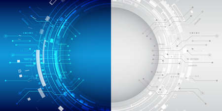 Cyber security internet and networking concept. Abstract futuristic background divided into two parts in blue and gray colors. Hi-tech vector illustration with various technology elements.のイラスト素材