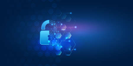 Data security system, information or network protection. Cyber security and data protection. Padlock icon, future technology for verification. Abstract circuit board.のイラスト素材
