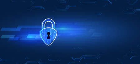 Data security system, information or network protection. Cyber security and data protection. Padlock icon, future technology for verification. Abstract circuit board.のイラスト素材