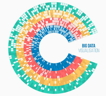 Abstract stream information with circles array and binary code. Information analytics concept. Filtering machine algorithms. Sorting data. Vector technology background. Big data visualization.のイラスト素材