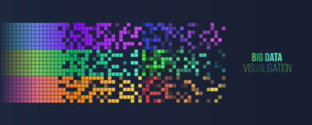 Processing of data arrays, sorting. Filtering machine algorithms. Data stream in the form of an array of circles and binary code. Vector database background. Neon color design. Big data visualization.のイラスト素材