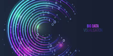 Processing of data arrays, sorting. Filtering machine algorithms. Data stream in the form of an array of circles and binary code. Vector database background. Neon color design. Big data visualization.のイラスト素材