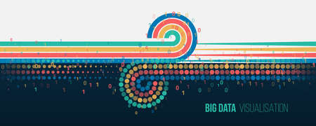 Big data visualization. Information analytics concept. Abstract stream information. Filtering machine algorithms. Sorting binary code. Vector technology background.のイラスト素材