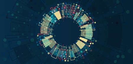 Abstract hexagons on the blue background. Hi-tech digital technology and engineering concept. Wide Sci fi template with polygons.のイラスト素材