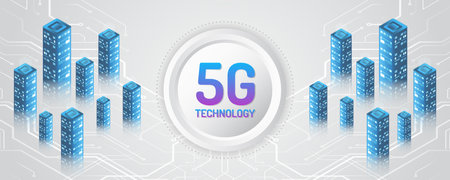 The global wireless standard. Hi-tech communication illustration on a blue background. The virtual city is connected by technological elements. 5G high-speed information transmission technology.のイラスト素材