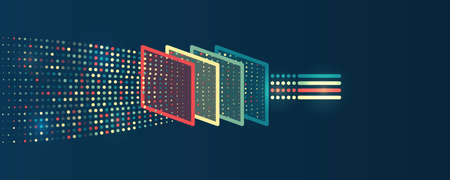 Hi-tech computer digital technology concept. Wide Blue background with various technological...