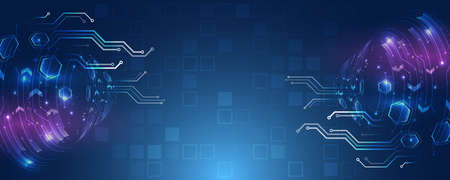 Hi-tech computer digital technology concept. Wide Blue background with various technological...