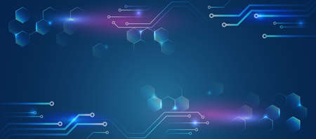 Hi-tech computer digital technology concept. Wide Blue background with various technological...