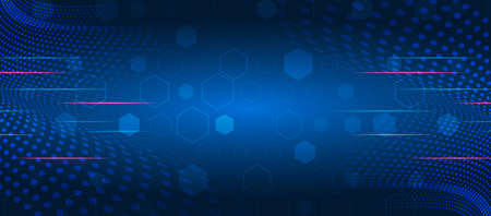 Hi-tech computer digital technology concept. Wide Blue background with various technological elements. Abstract circle technology communication, vector illustration.のイラスト素材