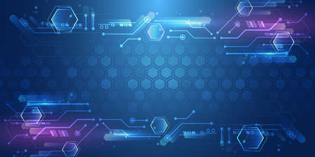 Hi-tech computer digital technology concept. Wide Blue background with various technological elements. Abstract circle technology communication, vector illustration.のイラスト素材