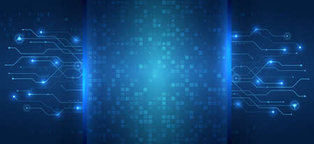 Sci-fi, artificial intelligence, engineering, big data visualization banner. Hi-tech elements for presentation. Technology innovation concept template background.のイラスト素材