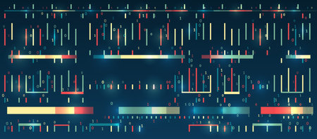 Abstract circle technology communication, vector illustration. Hi-tech computer digital technology concept. Wide Blue background with various technological elements.のイラスト素材