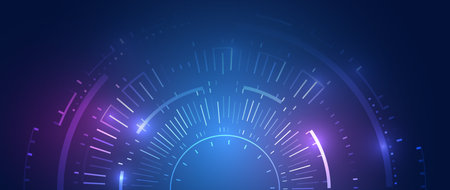 Abstract circle technology communication, vector illustration. Hi-tech computer digital technology concept. Wide Blue background with various technological elements.のイラスト素材