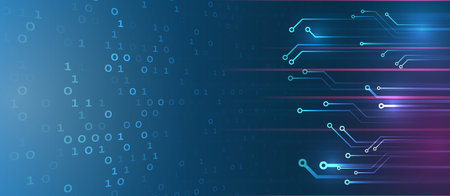 Abstract technology communication, vector illustration. Hi-tech computer digital technology concept. Wide Blue background with squares and various technological elements.のイラスト素材