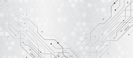 Abstract technology communication, vector illustration. Hi-tech computer digital technology concept. Wide Blue background with squares and various technological elements.のイラスト素材