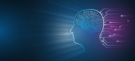 Digital brain, vector software digital code. The abstract face of artificial intelligence. Head...