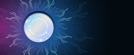 Hi-tech communication design. Electronic vector illustration. Abstract modern digital science technology futuristic circuit board. Cyber connection on the blue background.のイラスト素材