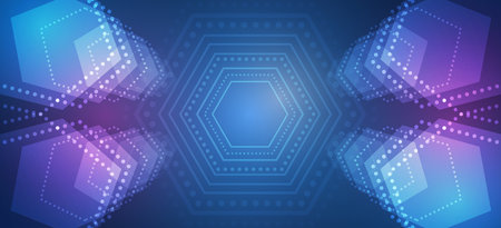 Wide Sci fi template with polygons. Abstract hexagons on the blue background. Hi-tech digital...