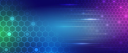 Abstract hexagons on the blue background. Hi-tech digital technology and engineering concept. Wide...