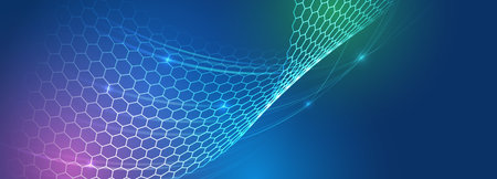 Wide Sci fi template with polygons. Abstract hexagons on the blue background. Hi-tech digital technology and engineering concept.のイラスト素材