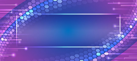 Hi-tech digital technology and engineering concept. Wide Sci fi template with polygons. Abstract hexagons on the blue background.のイラスト素材