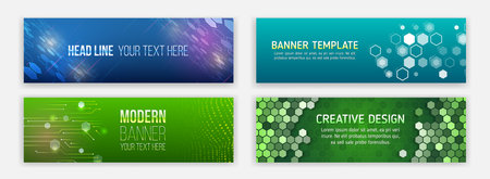 Blue futuristic science presentation collection. Modern banner design for medicine, internet network, artificial intelligence, big data. High-tech media cover. Technology horizontal banner set.のイラスト素材