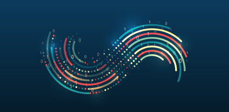 Visualization of a large amount of data. Abstract transformation of information. Processing sorting data fragmentation. business analytics. The flow of information in the form of waves and particles.のイラスト素材