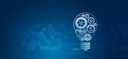 Mechanism consisting of gears and a light bulb on a blue background for presentation. Cogwheel for science experiment presentation, Futuristic high tech concept. business and industry internet bannerのイラスト素材