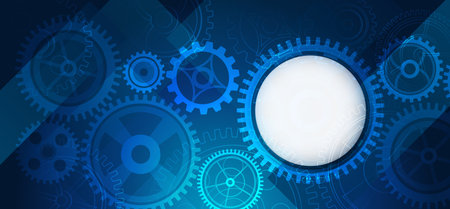 The mechanism consisting of gears on a blue background for the presentation. Cogwheel for science experiment presentation. Futuristic high tech concept. business and industry internet bannerのイラスト素材