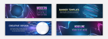 Technology horizontal banner set. Blue futuristic science presentation collection. Modern banner design for medicine, internet network, artificial intelligence, big data. High-tech media cover.のイラスト素材
