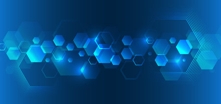 Digital template with polygons for medical and science banners or presentations. Abstract hexagons on the blue background. Hi-tech digital technology and engineering concept.のイラスト素材