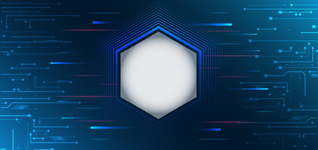 Hi-tech vector illustration with various technology elements. Abstract circuit board. Digital internet communication on blue background. Wide Cyber security internet and networking concept.のイラスト素材