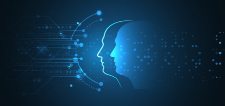 The abstract face of artificial intelligence. Digital brain, vector software digital code. network interpretation. Head silhouette with particles on a dark blue background, data analysis, data scienceのイラスト素材