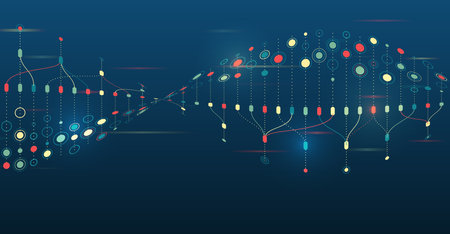 Data analytics concept. Sorting a large amount of data on a dark background. Big data visualization. Futuristic network or business analytics. Structuring the flow of information.のイラスト素材