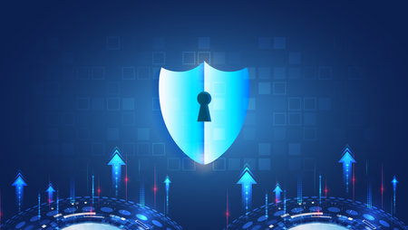 Abstract high tech background. Data security system, information, or network protection. Cyber security and data protection. Shield icon, future technology for verification.のイラスト素材