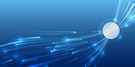 High-speed Internet line. Technological background of wireless transmission of large volume of data. Abstract neon color dynamic lines. Blue light bands, data transmission using 5g or 6g technology.のイラスト素材