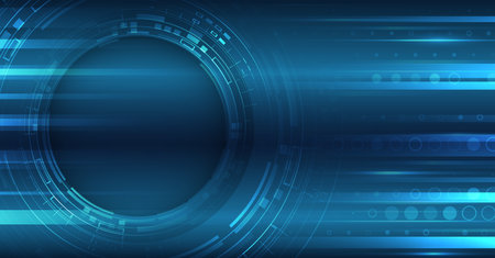 Abstract technology communication, vector illustration. Futuristic design for presentation. Hi-tech computer digital technology concept. Wide Blue background with various technological elements.のイラスト素材