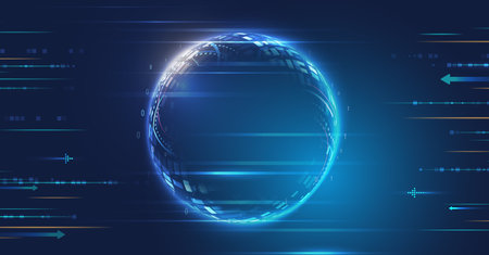Wide Blue background with various technological elements. Abstract circle technology communication, vector illustration. Futuristic design for presentation. Hi-tech computer digital technology conceptのイラスト素材