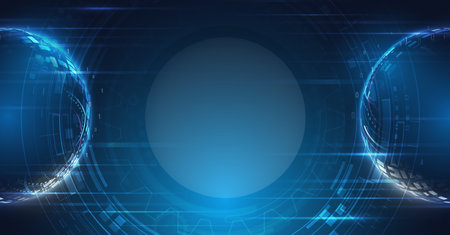 Abstract circle technology communication, vector illustration. Futuristic design for presentation. Hi-tech computer digital technology concept. Wide Blue background with various technological elementsのイラスト素材