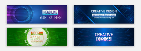 High-tech horizontal banner template. Modern banner design with technology element. Data protection, internet communication, science, big data, cover design set. Sci-fi vector sample concept.のイラスト素材
