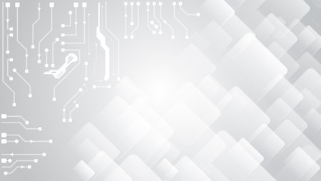 Abstract futuristic communication. Hi-tech gray background with various technology elements. Vector illustration of circuit board and squares.のイラスト素材
