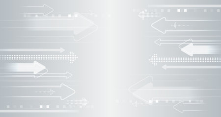 Science concept, horizontal arrows and stripes. Abstract hi tech communication for presentation or banner. Sci-fi gray background with various technology elements.のイラスト素材