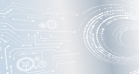 Science concept, circles with shadows and circuit board. Abstract hi tech communication for presentation or banner. Sci-fi gray background with various technology elements.のイラスト素材