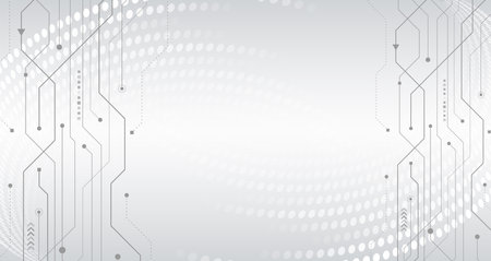 Sci-fi gray background with various technology elements. Science concept, circles with shadows and circuit board. Abstract hi tech communication for presentation or banner.のイラスト素材