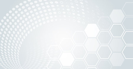 Sci-fi gray background with various technology elements. Science concept, circles with hexagons. Abstract hi tech communication for presentation or banner.のイラスト素材