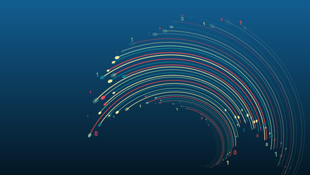 Large data stream on a dark background, glowing lines and circles. Data set analysis and...