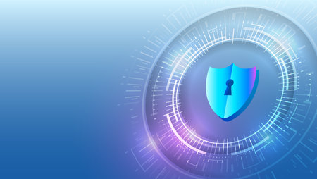 Abstract high tech background. Data security system, information, or network protection. Cyber security and data protection. Shield icon, future technology for verification.のイラスト素材