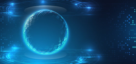 Abstract global sci fi concept. Digital internet communication on blue background. Wide Cyber security internet and networking concept. Hi-tech vector illustration with various technology elements.のイラスト素材