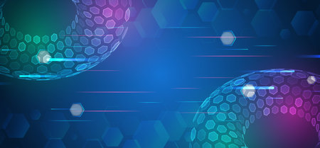 Abstract hexagons and dynamic lines futuristic concept. Data transfer and protection, internet communication on a blue background. High computer technology design. Modern science vector presentation.のイラスト素材